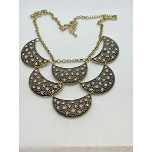Dark Brass Tone Crescent Moon w Rhinestones Tiered Bib Collar Necklace